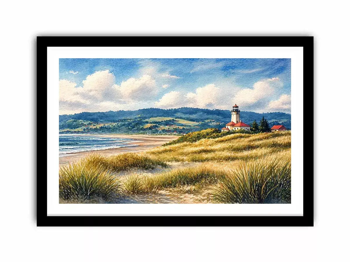 lighthouse watercolor landscape, coastal nature wall art, serene seaside painting, beach grass lighthouse canvas