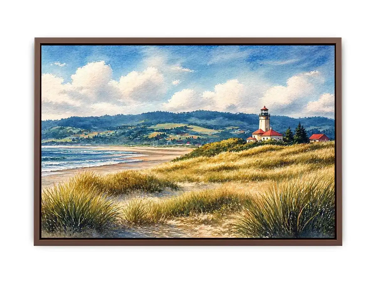 lighthouse watercolor landscape, coastal nature wall art, serene seaside painting, beach grass lighthouse canvas