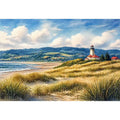 lighthouse watercolor landscape, coastal nature wall art, serene seaside painting, beach grass lighthouse canvas