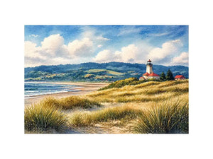lighthouse watercolor landscape, coastal nature wall art, serene seaside painting, beach grass lighthouse canvas