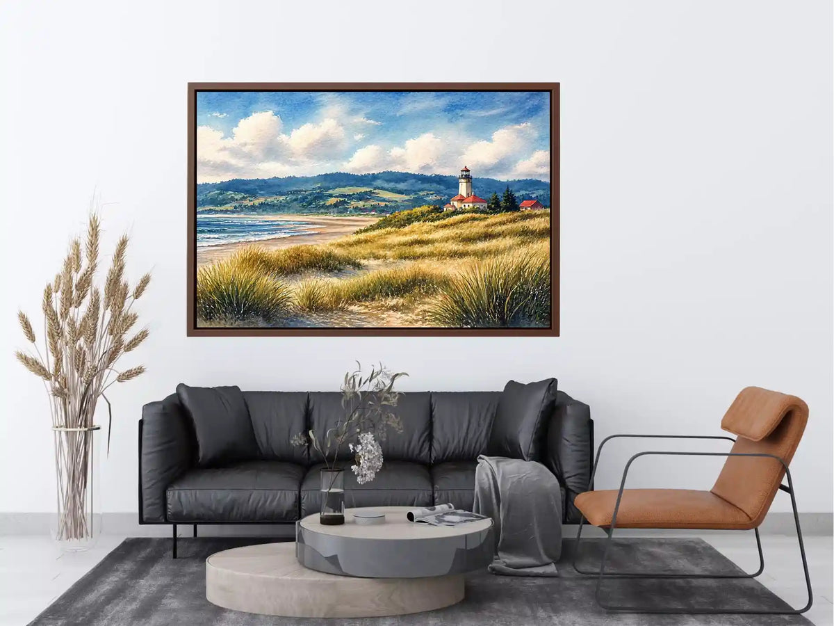 lighthouse watercolor landscape, coastal nature wall art, serene seaside painting, beach grass lighthouse canvas