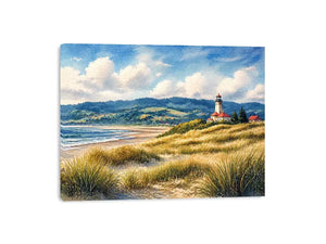lighthouse watercolor landscape, coastal nature wall art, serene seaside painting, beach grass lighthouse canvas
