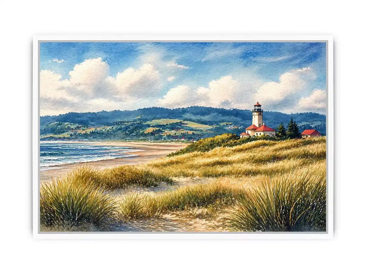 lighthouse watercolor landscape, coastal nature wall art, serene seaside painting, beach grass lighthouse canvas