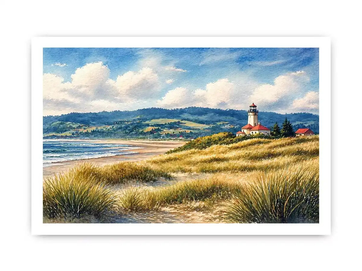 lighthouse watercolor landscape, coastal nature wall art, serene seaside painting, beach grass lighthouse canvas