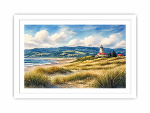 lighthouse watercolor landscape, coastal nature wall art, serene seaside painting, beach grass lighthouse canvas