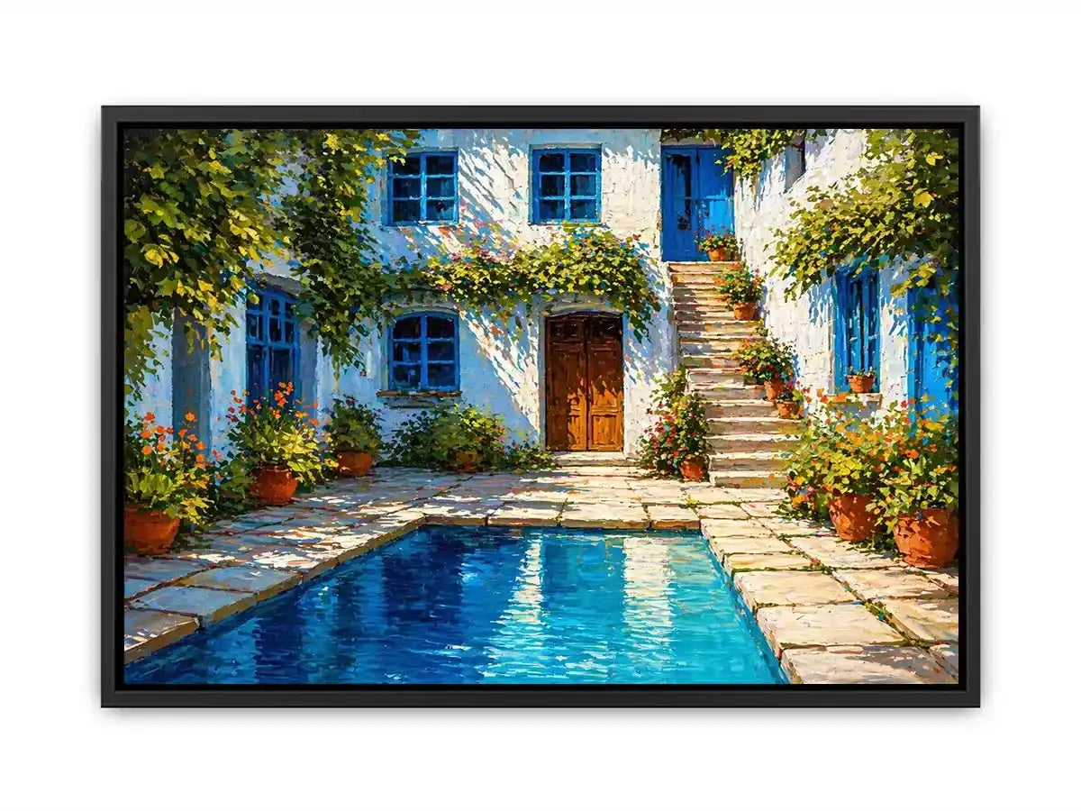 mediterranean courtyard painting, villa pool wall art, coastal european house canvas, sunny courtyard artwork