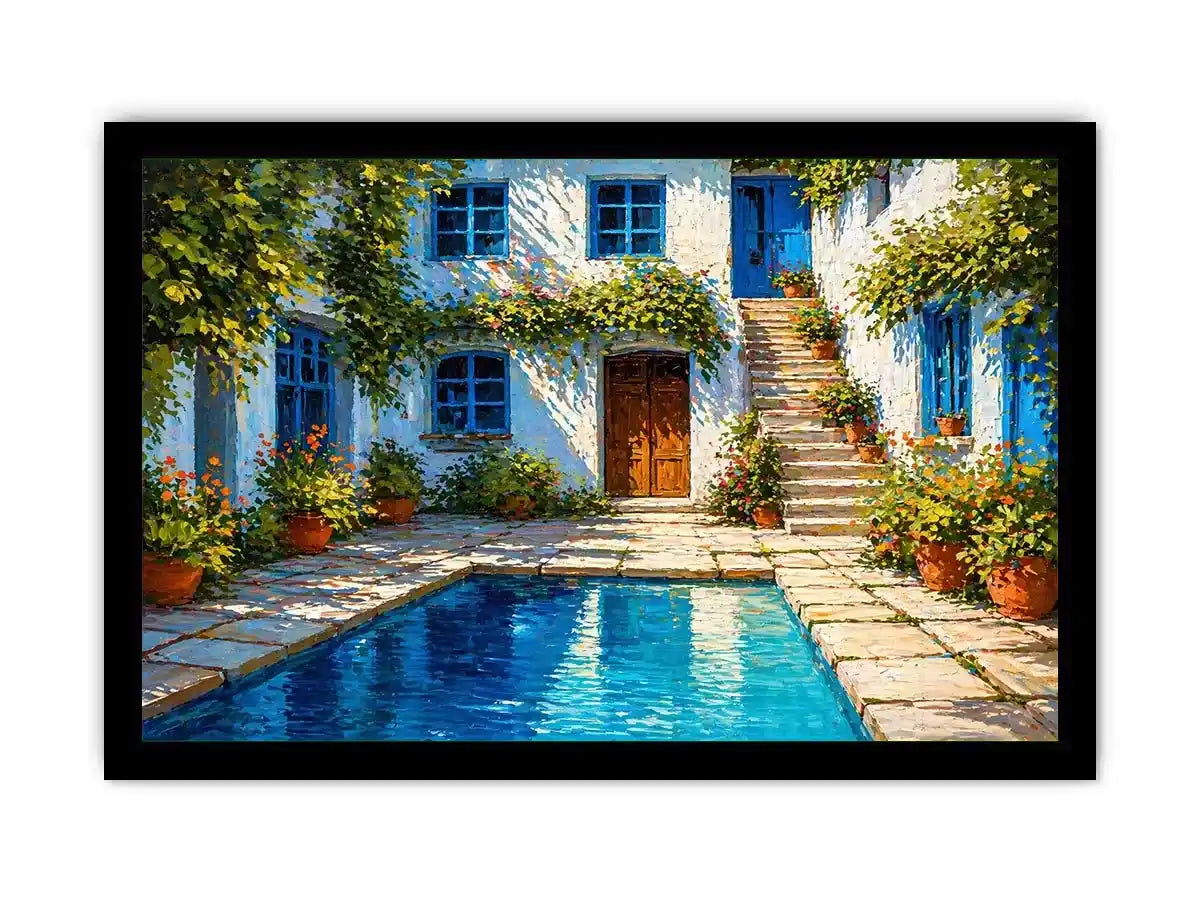 mediterranean courtyard painting, villa pool wall art, coastal european house canvas, sunny courtyard artwork