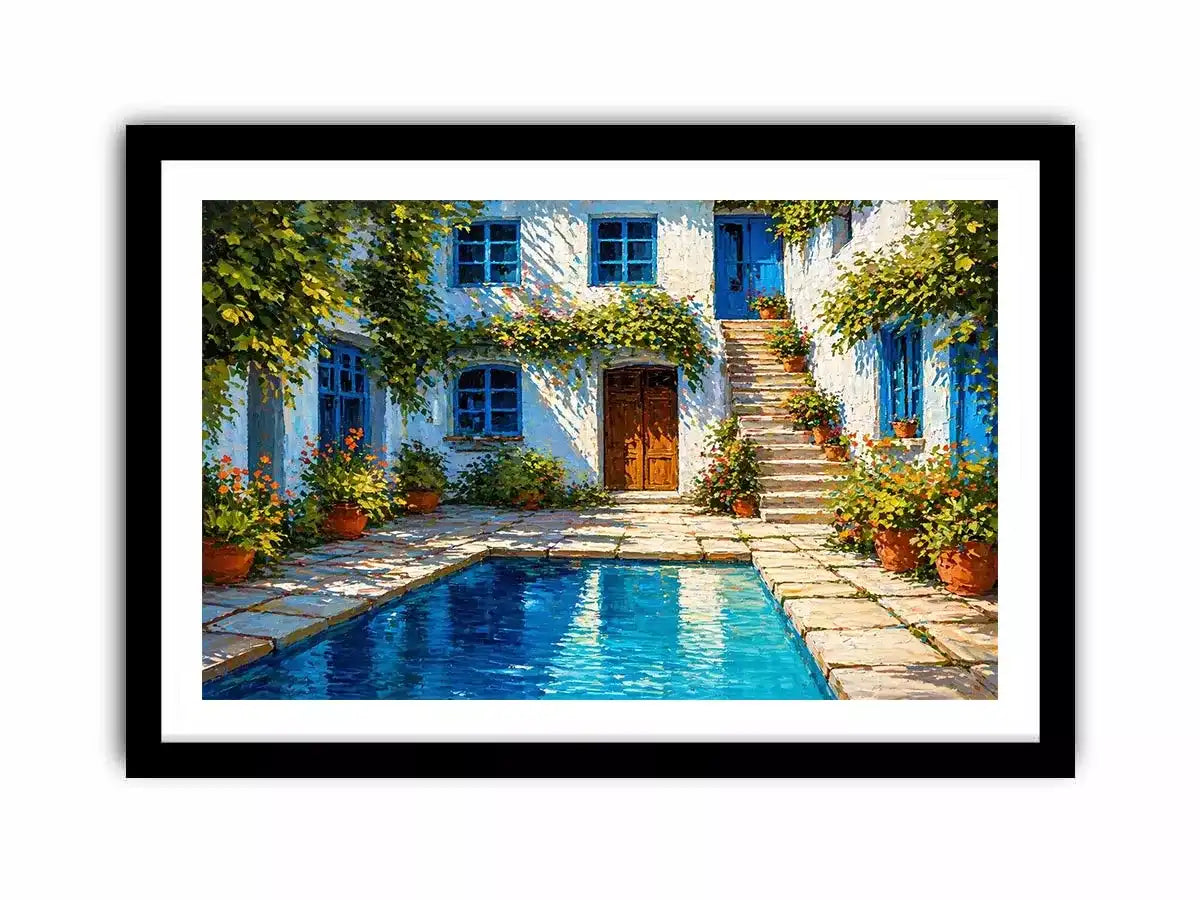 mediterranean courtyard painting, villa pool wall art, coastal european house canvas, sunny courtyard artwork