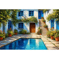 mediterranean courtyard painting, villa pool wall art, coastal european house canvas, sunny courtyard artwork