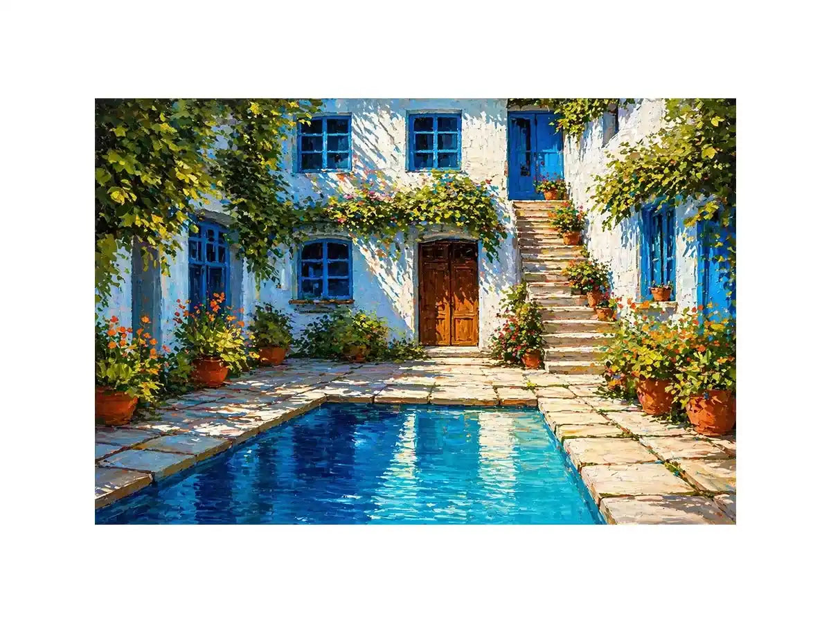 mediterranean courtyard painting, villa pool wall art, coastal european house canvas, sunny courtyard artwork