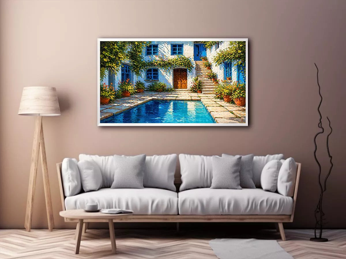mediterranean courtyard painting, villa pool wall art, coastal european house canvas, sunny courtyard artwork