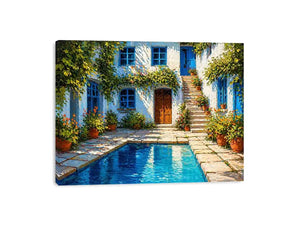 mediterranean courtyard painting, villa pool wall art, coastal european house canvas, sunny courtyard artwork