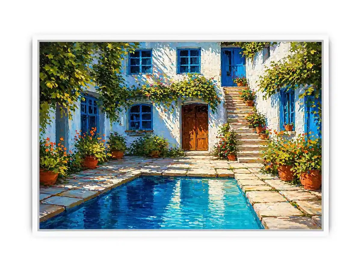 mediterranean courtyard painting, villa pool wall art, coastal european house canvas, sunny courtyard artwork