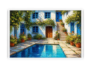 mediterranean courtyard painting, villa pool wall art, coastal european house canvas, sunny courtyard artwork