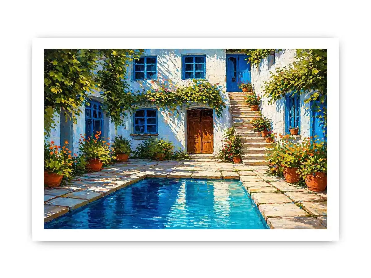 mediterranean courtyard painting, villa pool wall art, coastal european house canvas, sunny courtyard artwork