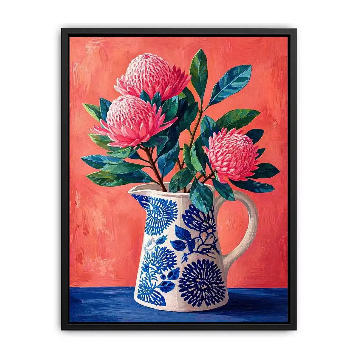 floral vase wall art canvas, pink flower botanical painting, modern still life artwork, blue ceramic vase art