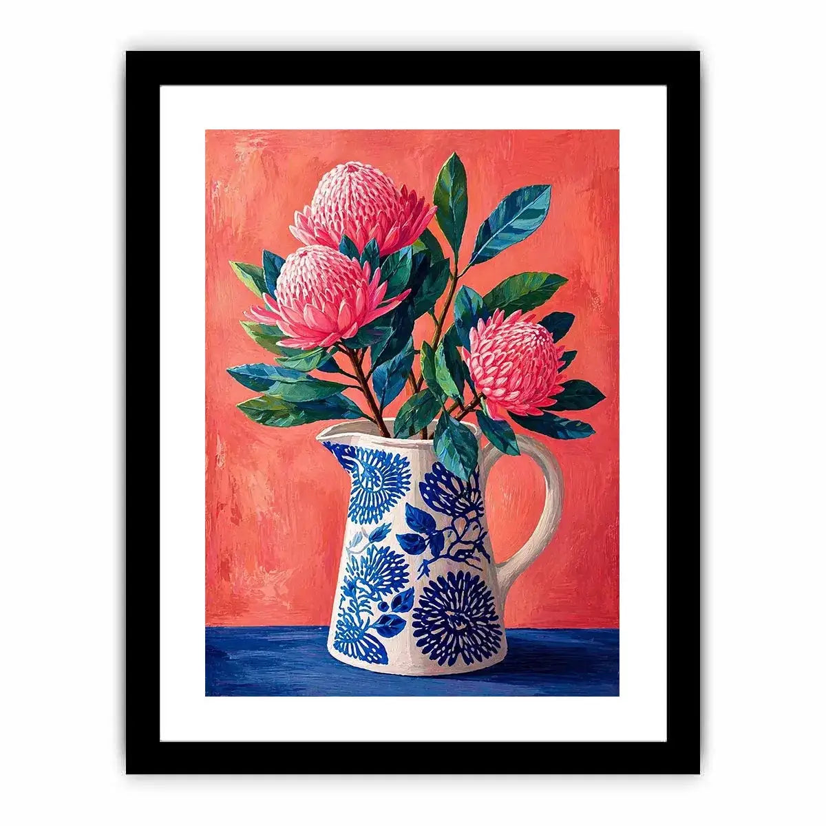 floral vase wall art canvas, pink flower botanical painting, modern still life artwork, blue ceramic vase art