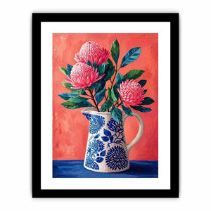 floral vase wall art canvas, pink flower botanical painting, modern still life artwork, blue ceramic vase art