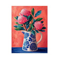 floral vase wall art canvas, pink flower botanical painting, modern still life artwork, blue ceramic vase art