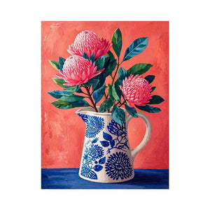 floral vase wall art canvas, pink flower botanical painting, modern still life artwork, blue ceramic vase art