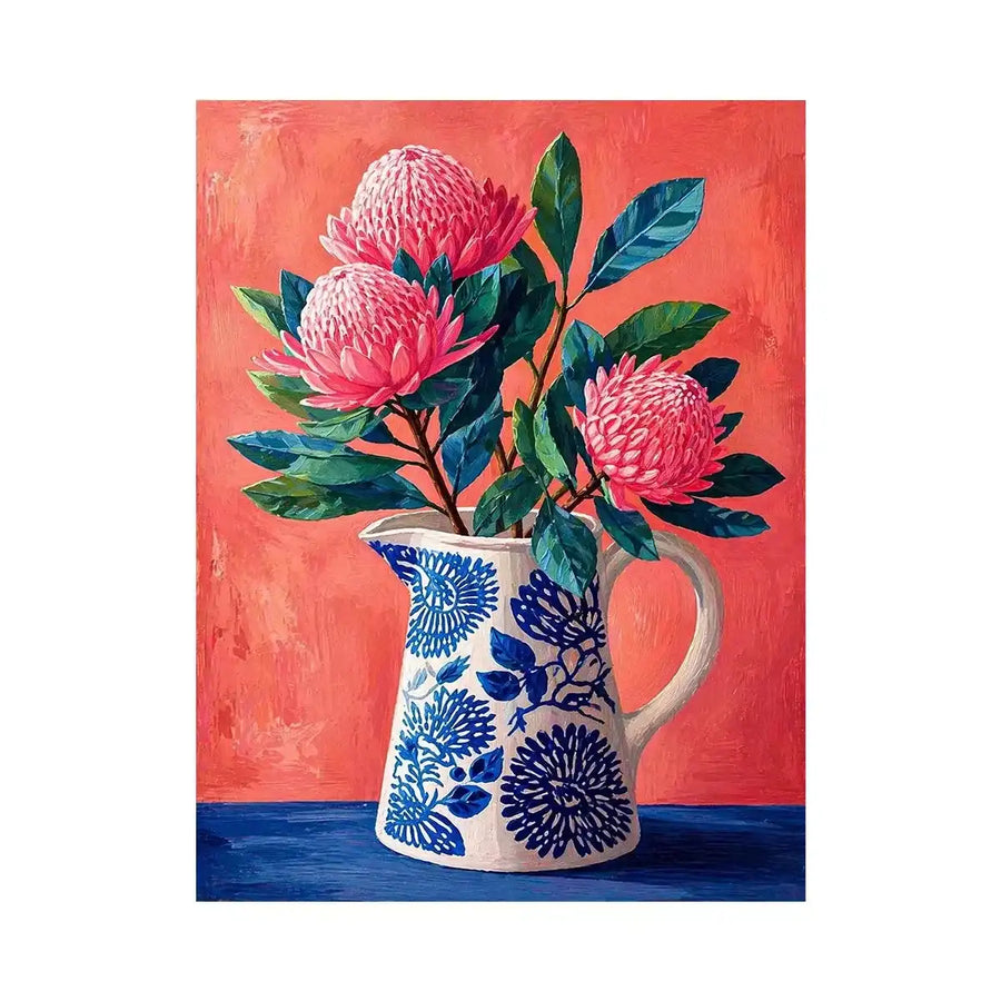 floral vase wall art canvas, pink flower botanical painting, modern still life artwork, blue ceramic vase art