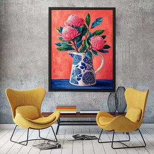 floral vase wall art canvas, pink flower botanical painting, modern still life artwork, blue ceramic vase art