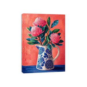 floral vase wall art canvas, pink flower botanical painting, modern still life artwork, blue ceramic vase art