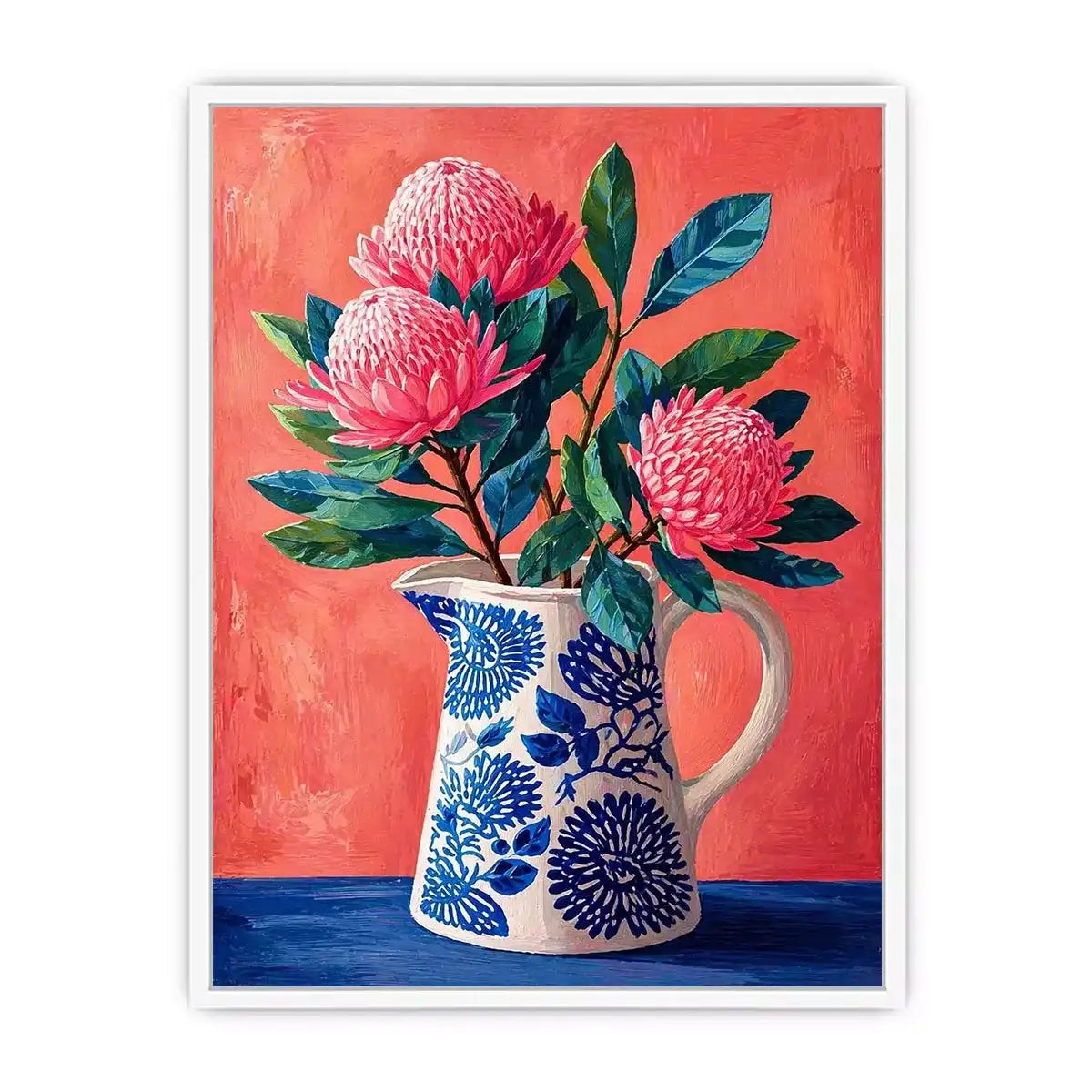 floral vase wall art canvas, pink flower botanical painting, modern still life artwork, blue ceramic vase art