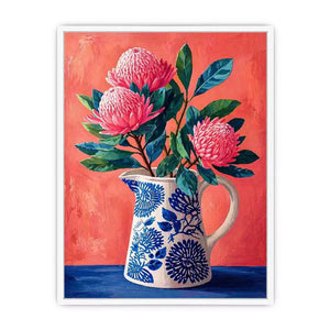 floral vase wall art canvas, pink flower botanical painting, modern still life artwork, blue ceramic vase art