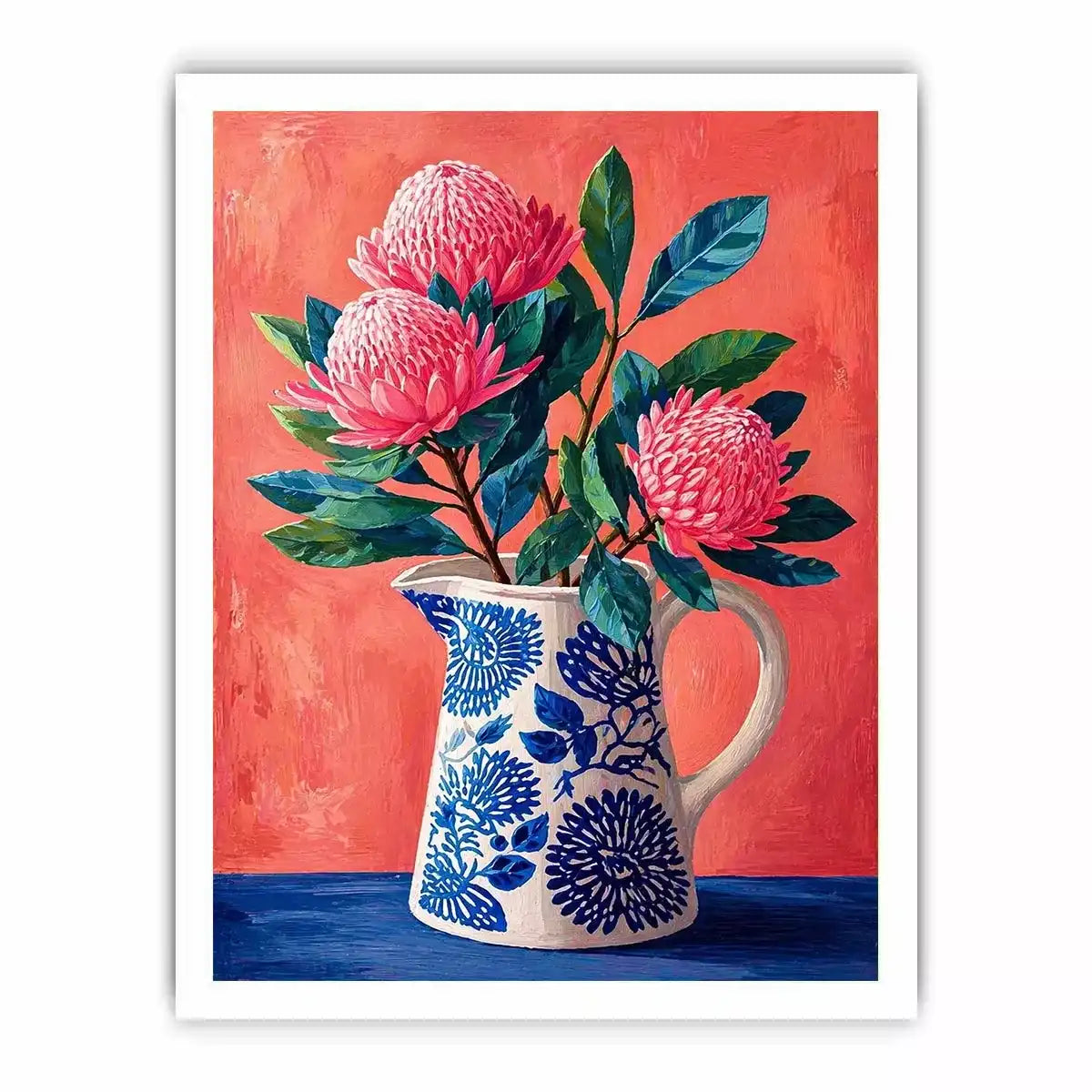 floral vase wall art canvas, pink flower botanical painting, modern still life artwork, blue ceramic vase art