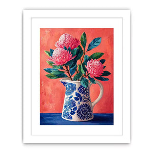 floral vase wall art canvas, pink flower botanical painting, modern still life artwork, blue ceramic vase art