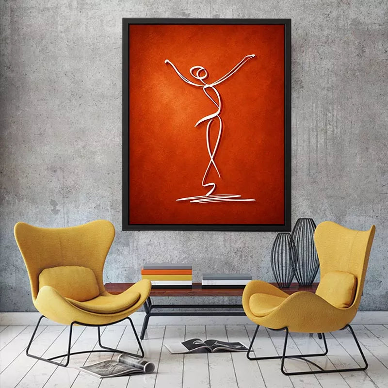 minimalist dancing figure art, abstract line art canvas, modern red wall art, expressive figure drawing decor