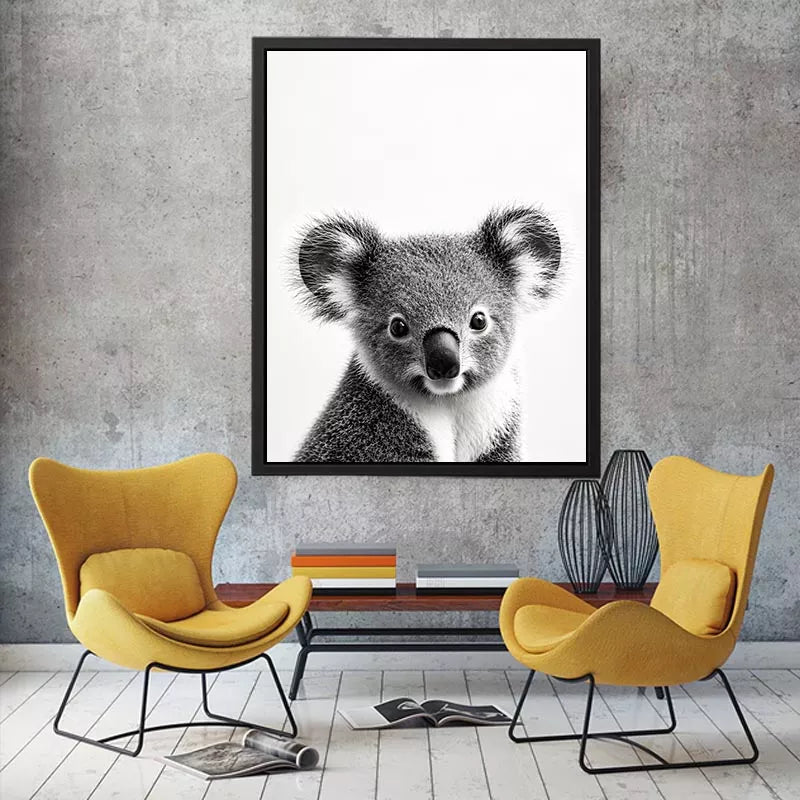 koala black white wall art, minimalist animal portrait canvas, cute koala photography print, modern wildlife decor