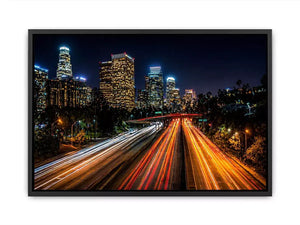 city skyline night wall art, urban light trails canvas, modern cityscape photography print, downtown night traffic artwork