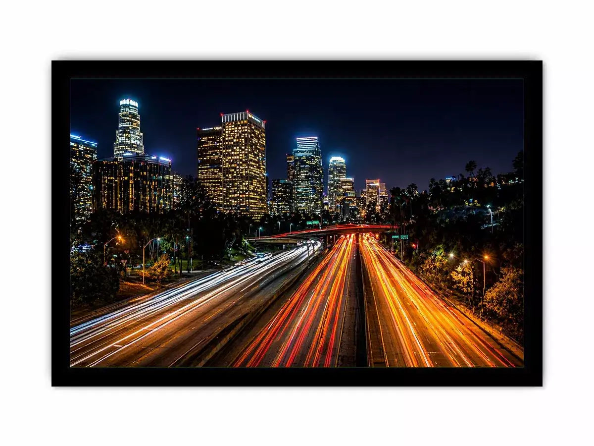 city skyline night wall art, urban light trails canvas, modern cityscape photography print, downtown night traffic artwork