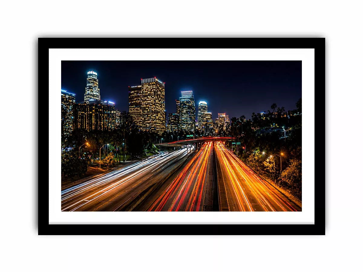 city skyline night wall art, urban light trails canvas, modern cityscape photography print, downtown night traffic artwork