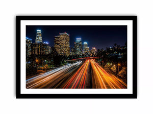 city skyline night wall art, urban light trails canvas, modern cityscape photography print, downtown night traffic artwork