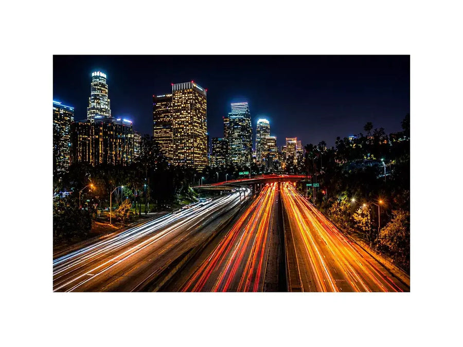 city skyline night wall art, urban light trails canvas, modern cityscape photography print, downtown night traffic artwork
