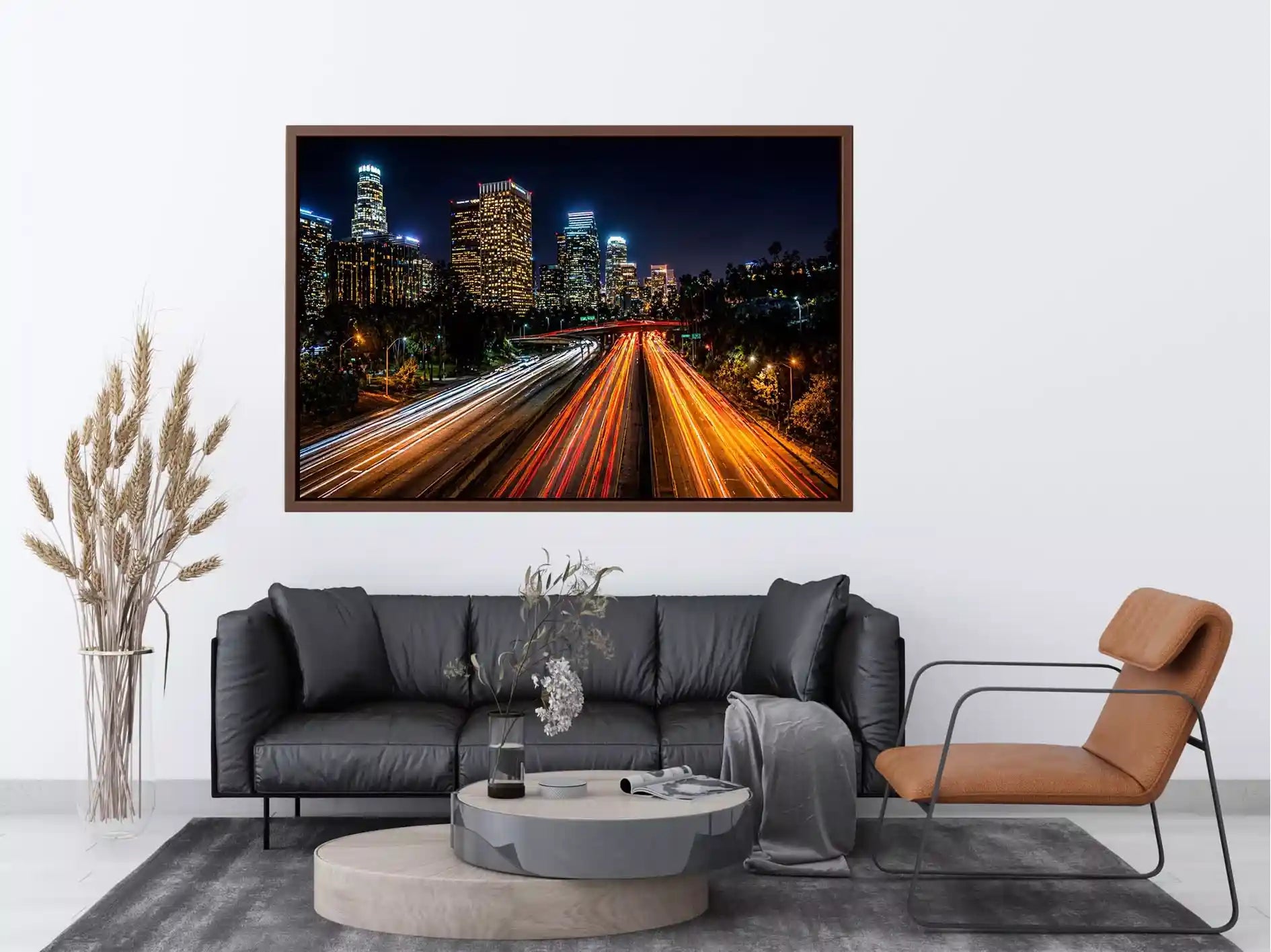 city skyline night wall art, urban light trails canvas, modern cityscape photography print, downtown night traffic artwork