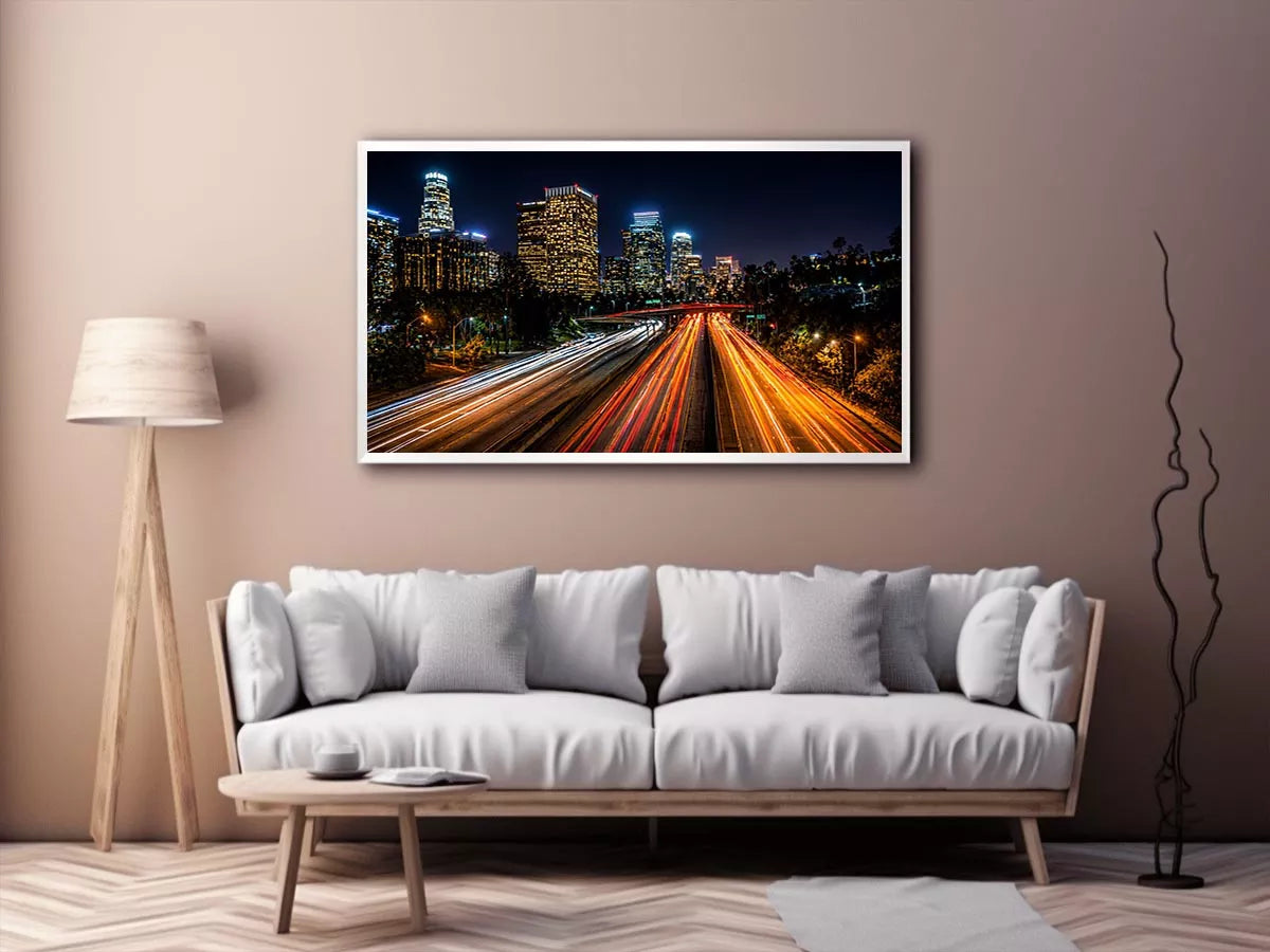 city skyline night wall art, urban light trails canvas, modern cityscape photography print, downtown night traffic artwork