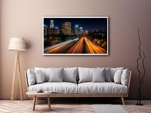city skyline night wall art, urban light trails canvas, modern cityscape photography print, downtown night traffic artwork