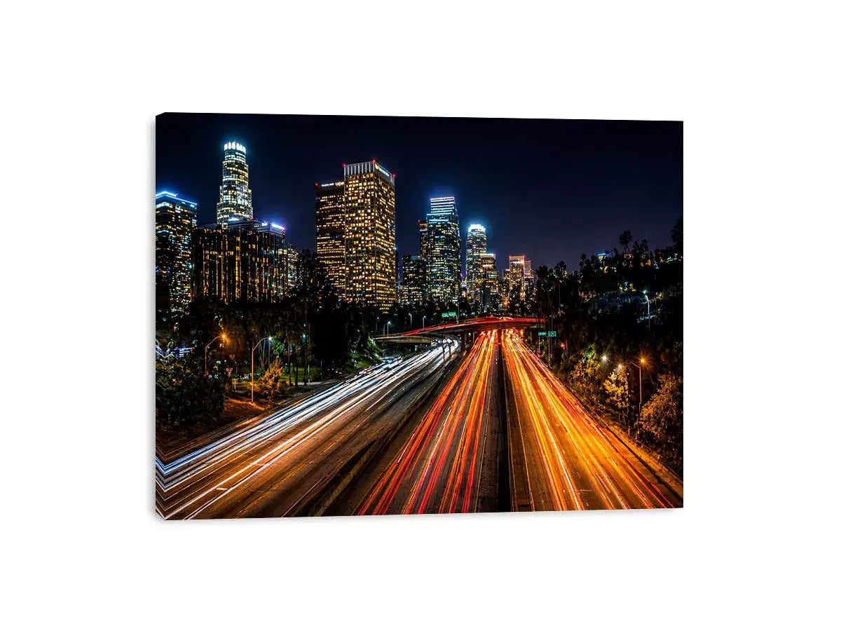 city skyline night wall art, urban light trails canvas, modern cityscape photography print, downtown night traffic artwork