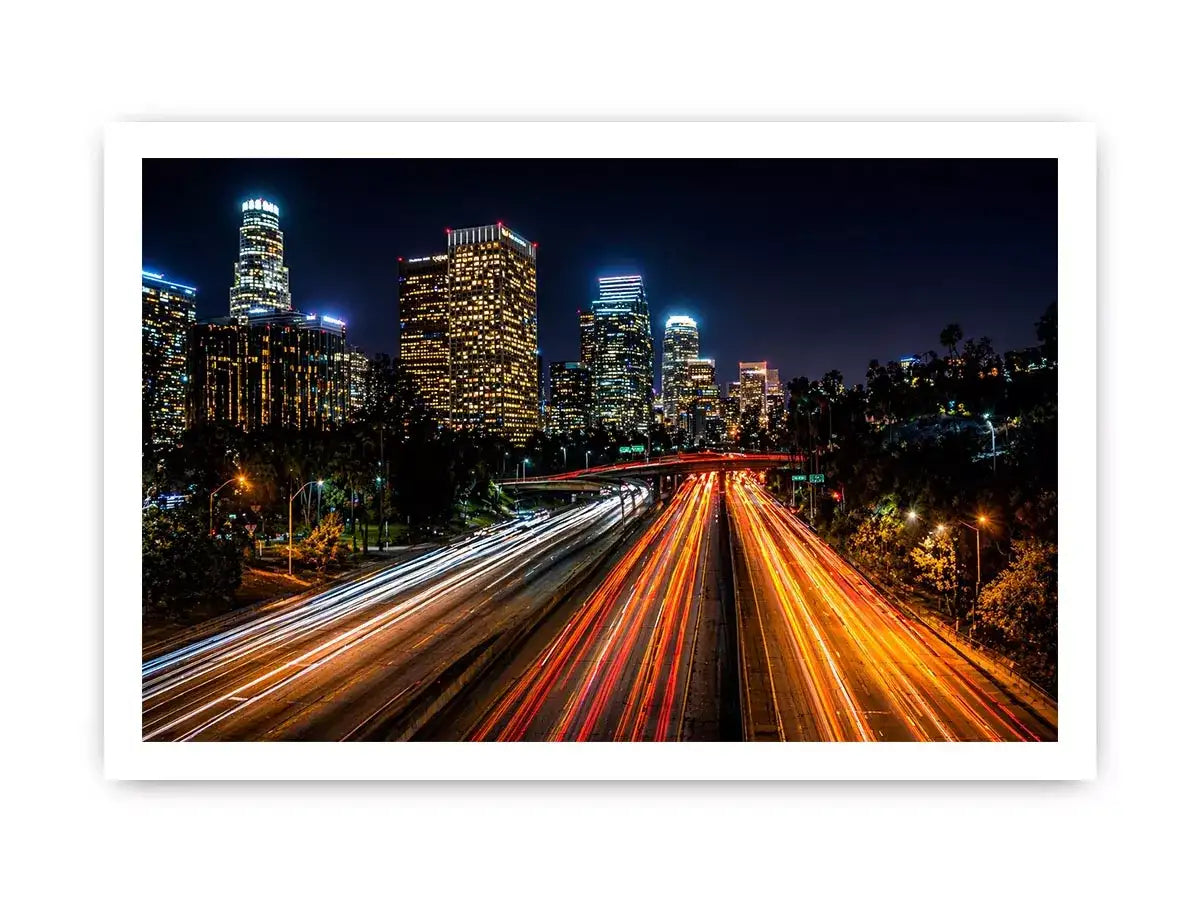 city skyline night wall art, urban light trails canvas, modern cityscape photography print, downtown night traffic artwork