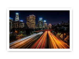 city skyline night wall art, urban light trails canvas, modern cityscape photography print, downtown night traffic artwork