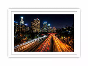 city skyline night wall art, urban light trails canvas, modern cityscape photography print, downtown night traffic artwork