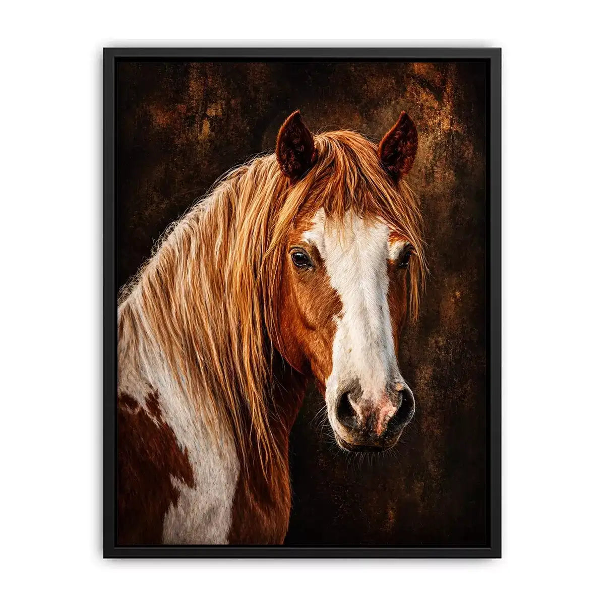 horse portrait wall art canvas, realistic horse painting decor, rustic equine artwork, brown white horse wall art