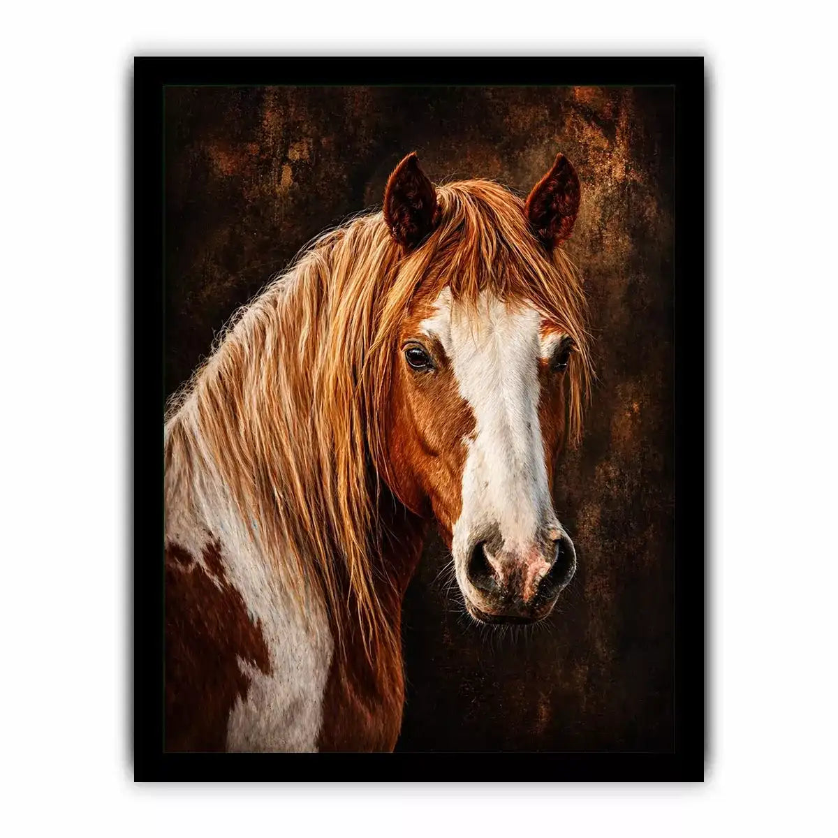 horse portrait wall art canvas, realistic horse painting decor, rustic equine artwork, brown white horse wall art