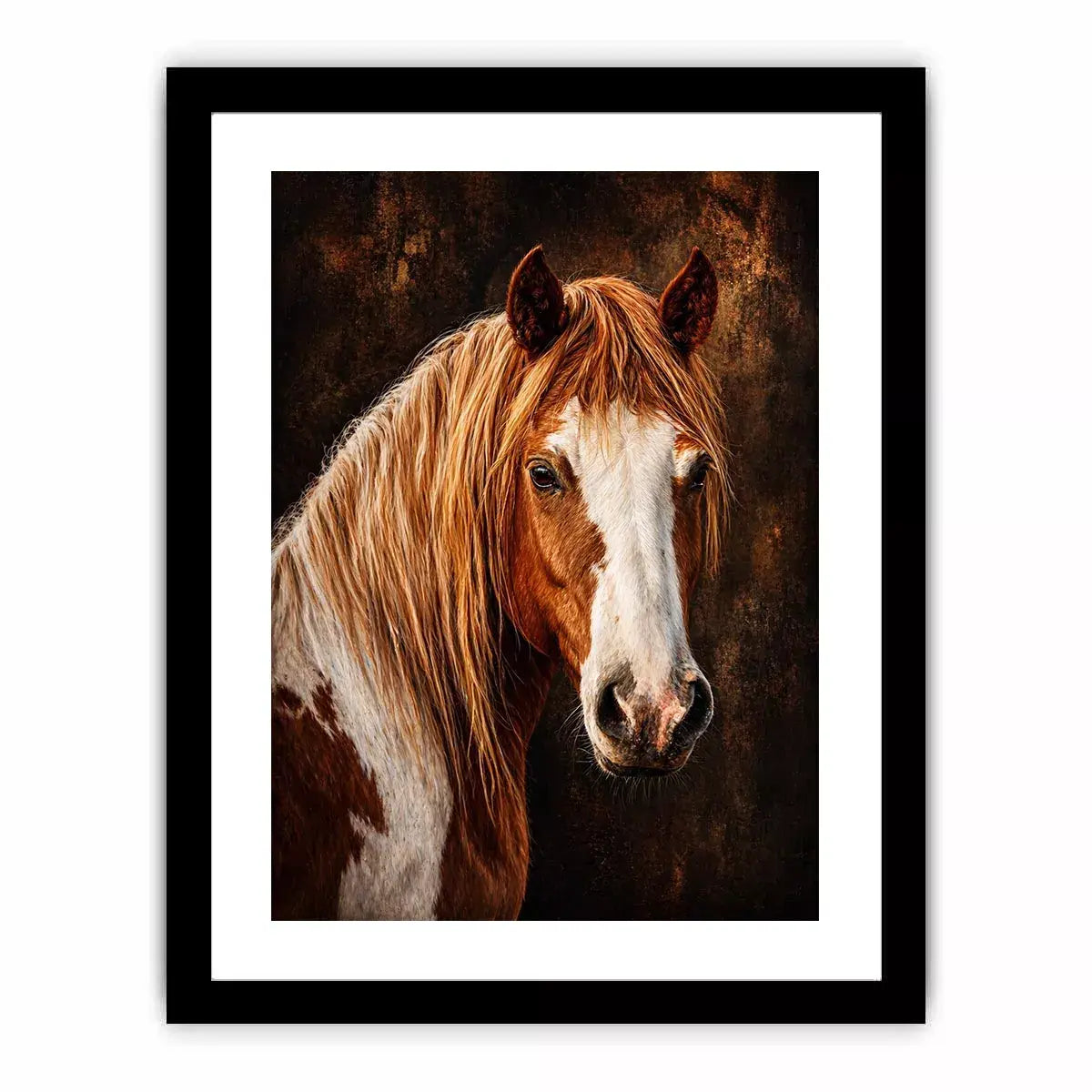 horse portrait wall art canvas, realistic horse painting decor, rustic equine artwork, brown white horse wall art