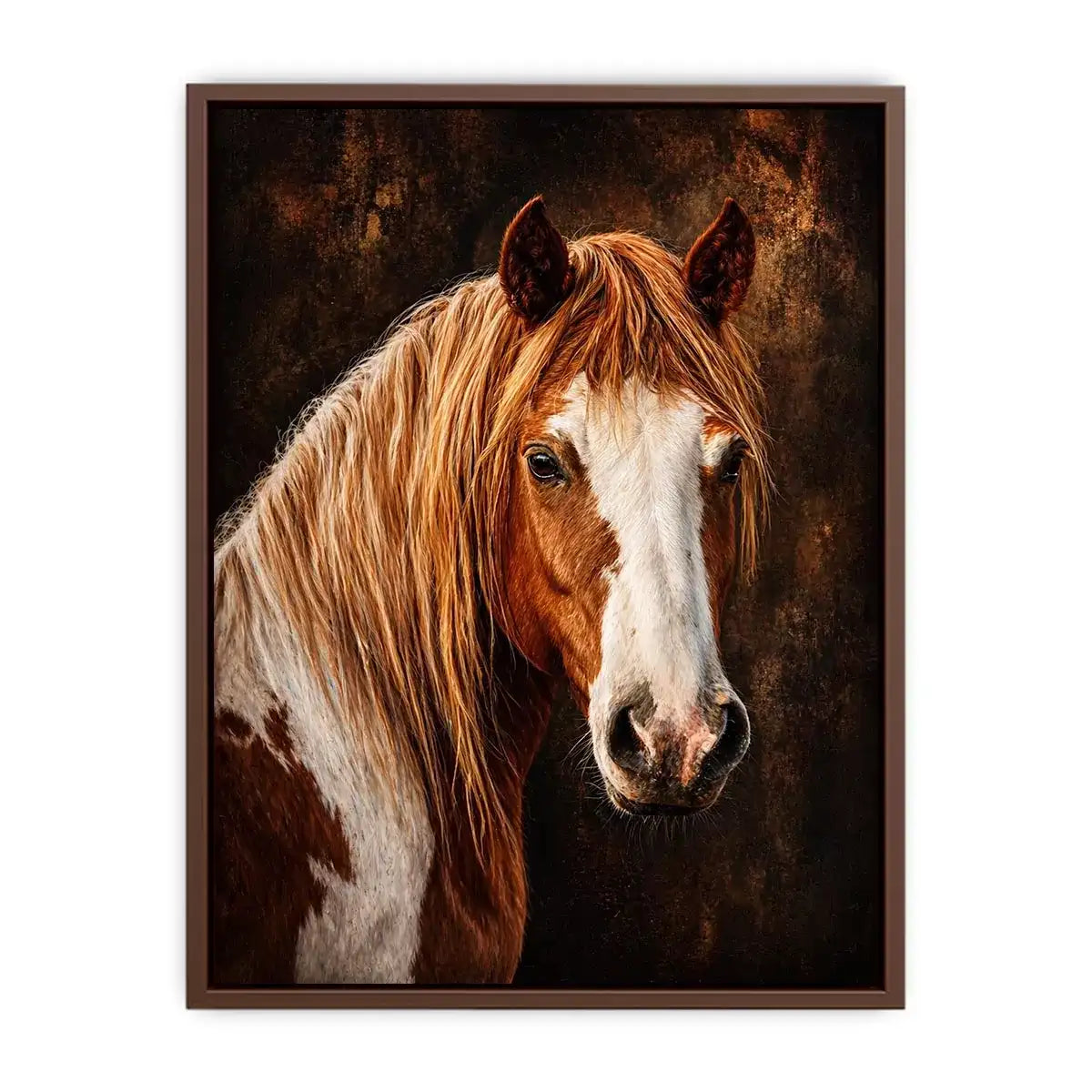 horse portrait wall art canvas, realistic horse painting decor, rustic equine artwork, brown white horse wall art
