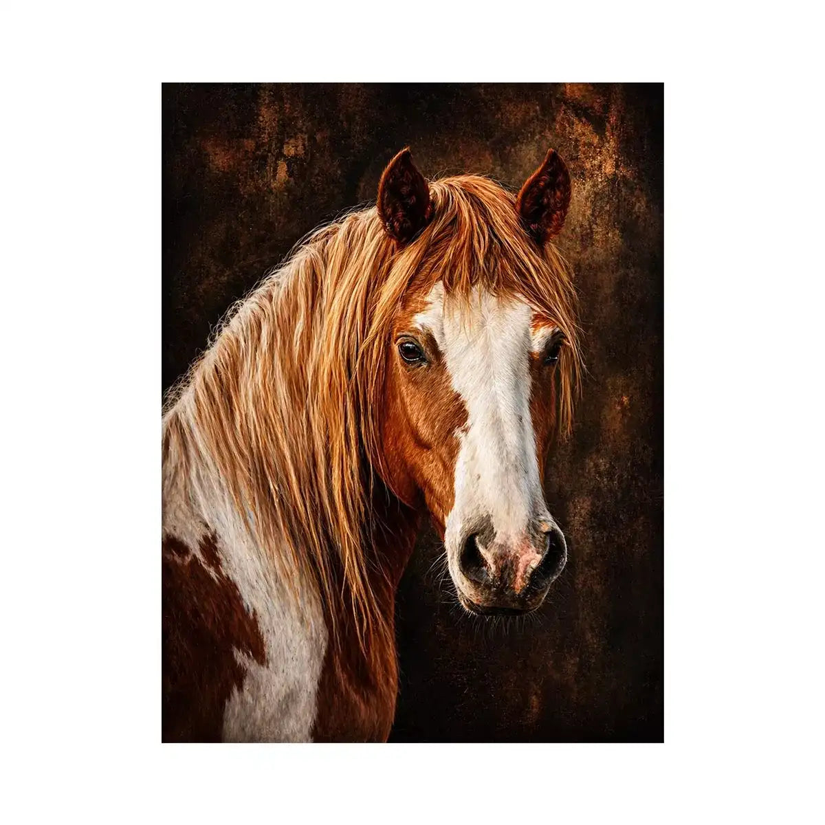 horse portrait wall art canvas, realistic horse painting decor, rustic equine artwork, brown white horse wall art